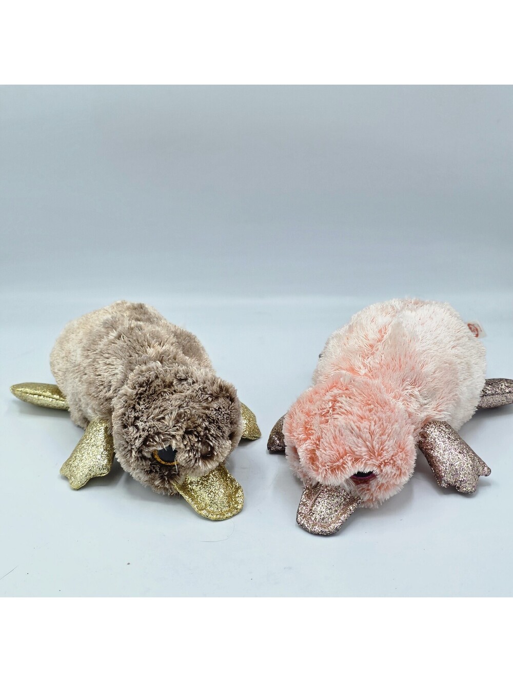 Ty Silk Perry & Wilma Platypus Plush Lot Brown Pink Glitter Beanie Boos 9"